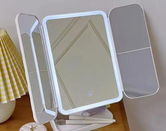 Espejo de Maquillaje LED Plegable con 3 Tonos de Luz